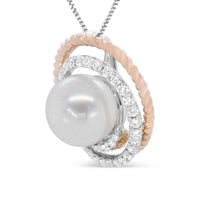 14K Rose and White Gold 3/8 Cttw Pave Diamond and 9mm Round Pearl Spiral Openwork 18