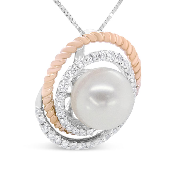 14K Rose and White Gold 3/8 Cttw Pave Diamond and 9mm Round Pearl Spiral Openwork 18