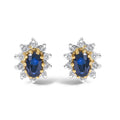 14K yellow gold earrings with round diamond and blue sapphire halo stones