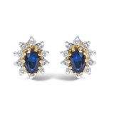 14K yellow gold earrings with round diamond and blue sapphire halo stones thumbnail 1