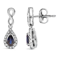 10K White Gold Pear Cut Blue Sapphire and 1/7 Cttw Diamond Infinity Drop and Dangle Earrings (I-J Color, I1-I2 Clarity)