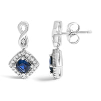 10K White Gold Blue  Sapphire and Diamond Halo Cushion Shaped Drop Earrings (I-J Color, I1-I2 Clarity)