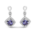 10K white gold drop earrings with cushion tanzanite and halo diamond stones