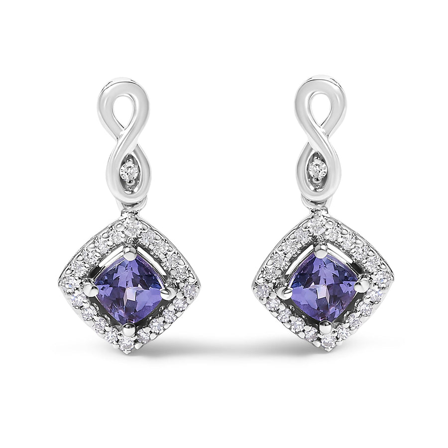 10K White Gold Blue Purple Tanzanite and Diamond Halo Cushion Shaped Drop Earrings (I-J Color, I1-I2 Clarity)