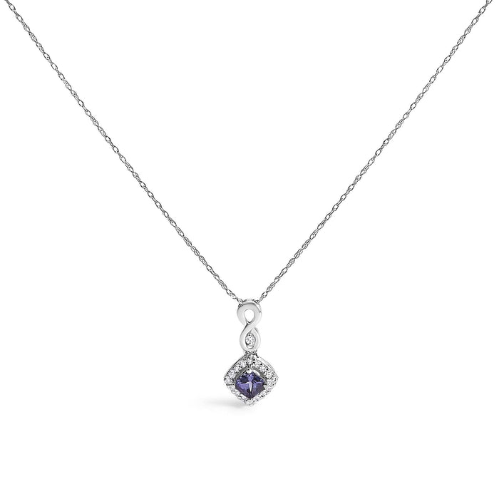 10K White Gold Blue Purple Tanzanite and Diamond Accent Cushion Drop Pendant Necklace - 18