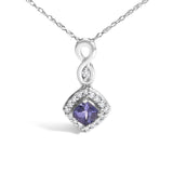 10K White Gold Blue Purple Tanzanite and Diamond Accent Cushion Drop Pendant Necklace - 18