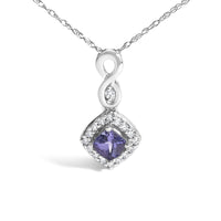 10K White Gold Blue Purple Tanzanite and Diamond Accent Cushion Drop Pendant Necklace - 18