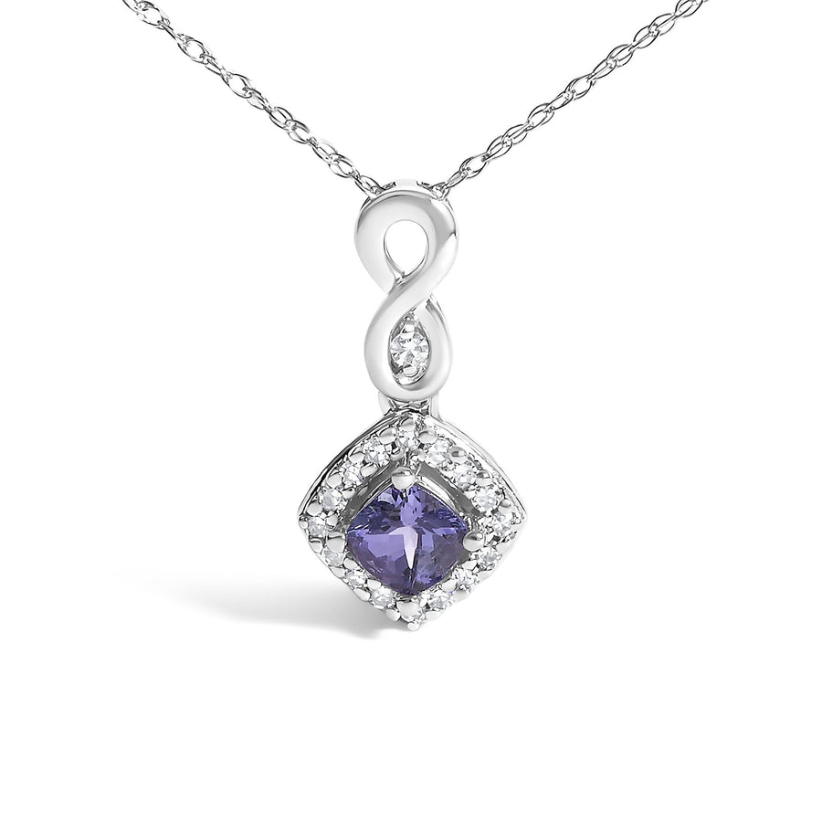 10K White Gold Blue Purple Tanzanite and Diamond Accent Cushion Drop Pendant Necklace - 18