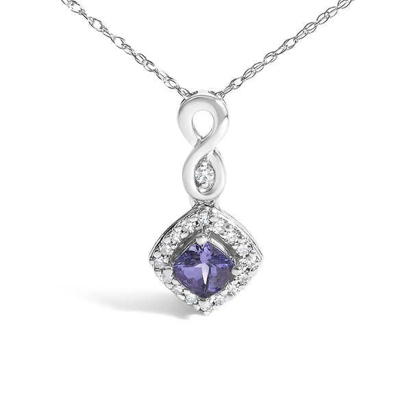 10K White Gold Blue Purple Tanzanite and Diamond Accent Cushion Drop Pendant Necklace - 18