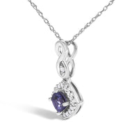 10K White Gold Blue Purple Tanzanite and Diamond Accent Cushion Drop Pendant Necklace - 18