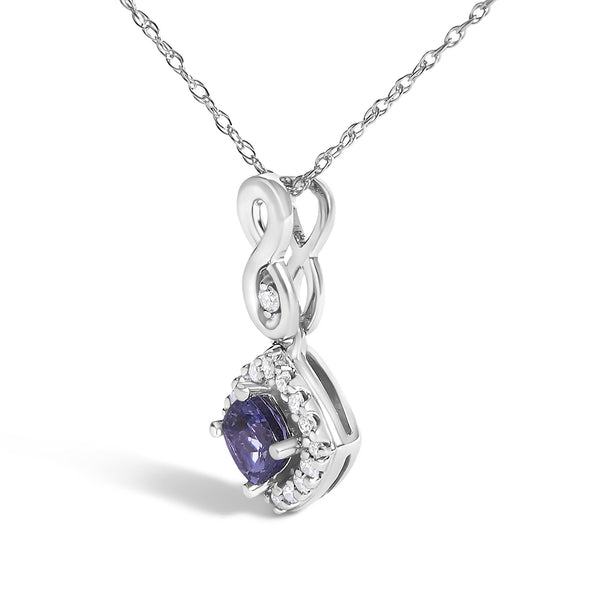 10K White Gold Blue Purple Tanzanite and Diamond Accent Cushion Drop Pendant Necklace - 18
