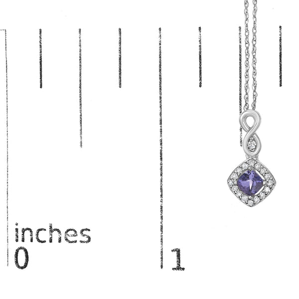 10K White Gold Blue Purple Tanzanite and Diamond Accent Cushion Drop Pendant Necklace - 18