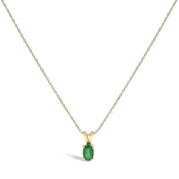 14K Yellow Gold Oval Green Emerald Solitaire Pendant Necklace - 18