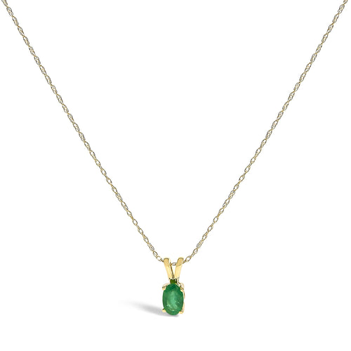 14K Yellow Gold Oval Green Emerald Solitaire Pendant Necklace - 18