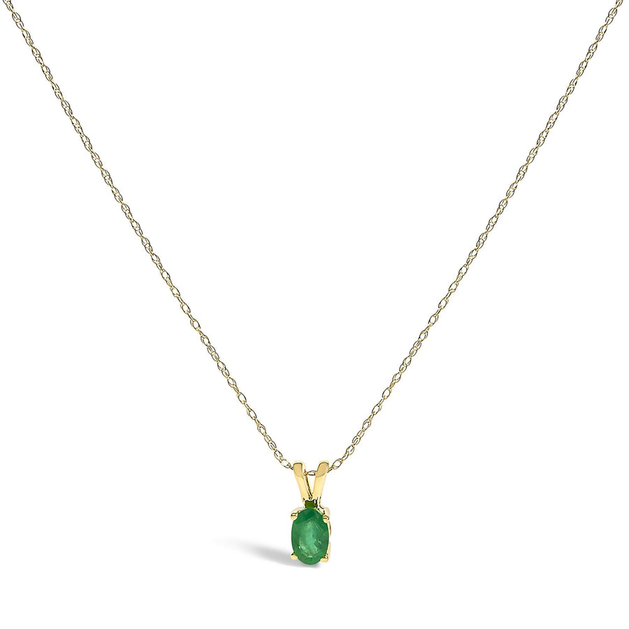 14K Yellow Gold Oval Green Emerald Solitaire Pendant Necklace - 18