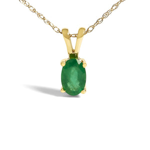 14K Yellow Gold Oval Green Emerald Solitaire Pendant Necklace - 18