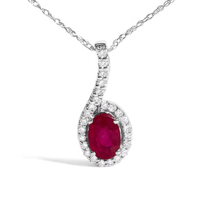10K White Gold Red Ruby and Diamond Accent Teardrop Pendant Necklace - 18