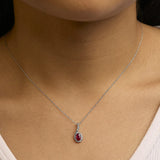 10K White Gold Red Ruby and Diamond Accent Teardrop Pendant Necklace - 18