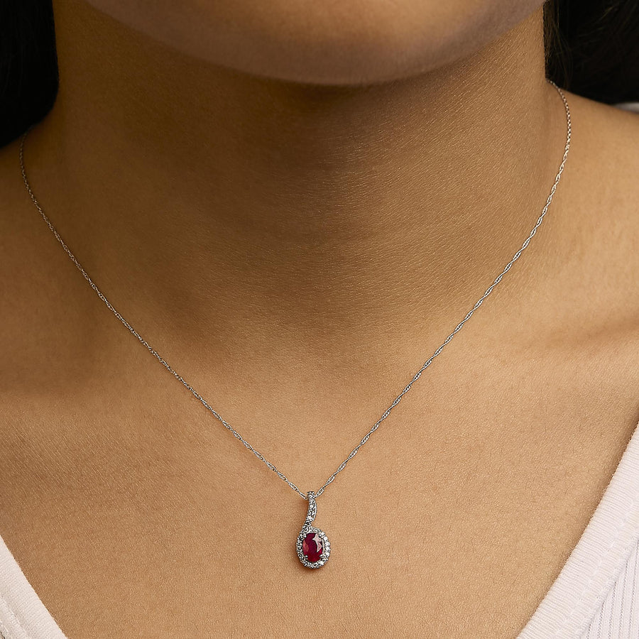 10K White Gold Red Ruby and Diamond Accent Teardrop Pendant Necklace - 18