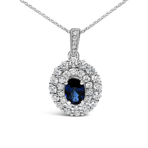 14K White Gold Oval Blue Sapphire and 3/4 Cttw Diamond Halo Pendant Necklace-1
