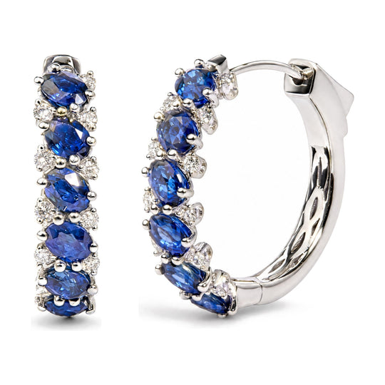 14K White Gold 1/4 Cttw Diamond and Oval Blue Sapphire Alternating Hoop Earrings