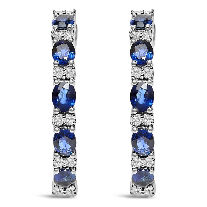 14K White Gold 4x3mm Oval Blue Sapphire and 1/4 Cttw Diamond Alternating Hoop Earring (I-J Color, SI2-I1 Clarity)