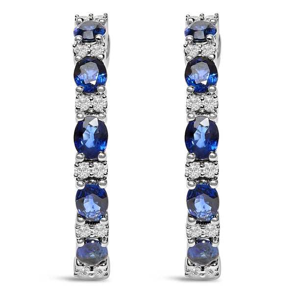 14K White Gold 4x3mm Oval Blue Sapphire and 1/4 Cttw Diamond Alternating Hoop Earring (I-J Color, SI2-I1 Clarity)