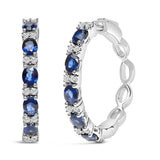 14K white gold hoop earring with alternating oval sapphire and diamond stones thumbnail 1