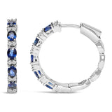 14K White Gold 4x3mm Oval Blue Sapphire and 1/4 Cttw Diamond Alternating Hoop Earring (I-J Color, SI2-I1 Clarity)-3 thumbnail 4