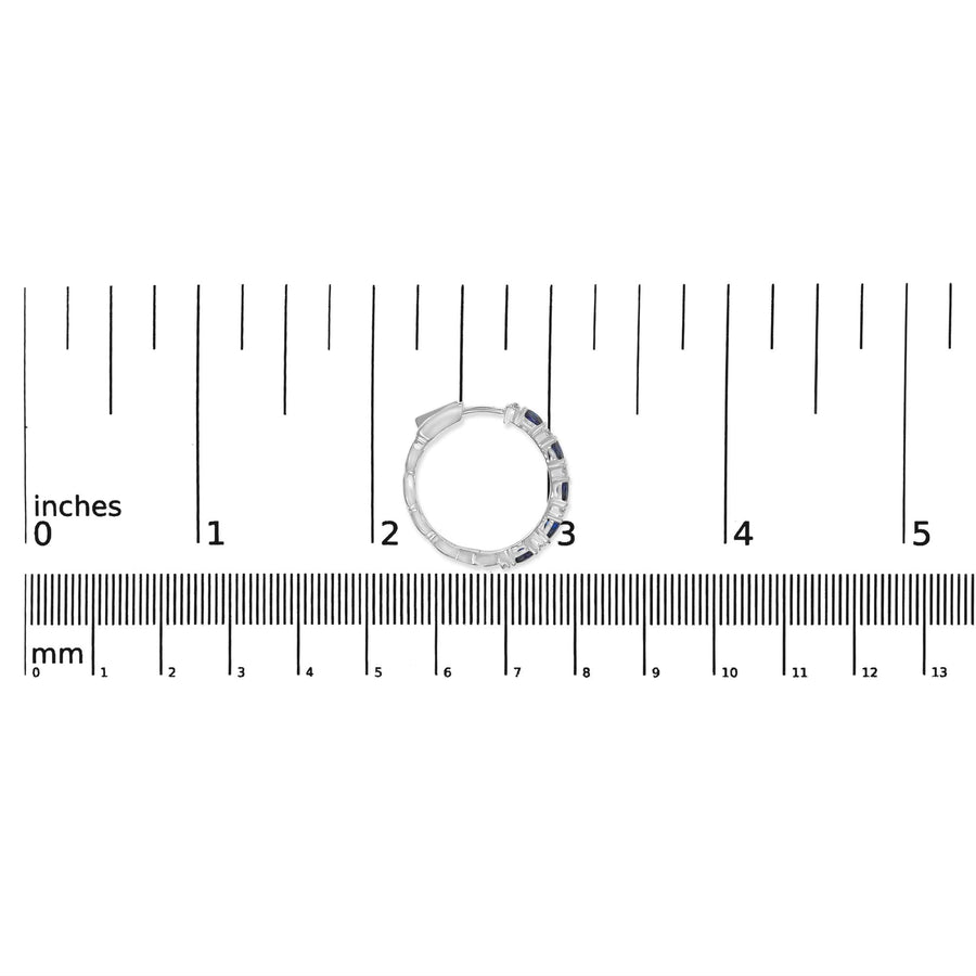 14K White Gold 4x3mm Oval Blue Sapphire and 1/4 Cttw Diamond Alternating Hoop Earring (I-J Color, SI2-I1 Clarity)