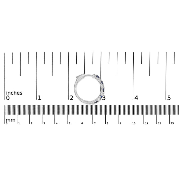 14K White Gold 4x3mm Oval Blue Sapphire and 1/4 Cttw Diamond Alternating Hoop Earring (I-J Color, SI2-I1 Clarity)