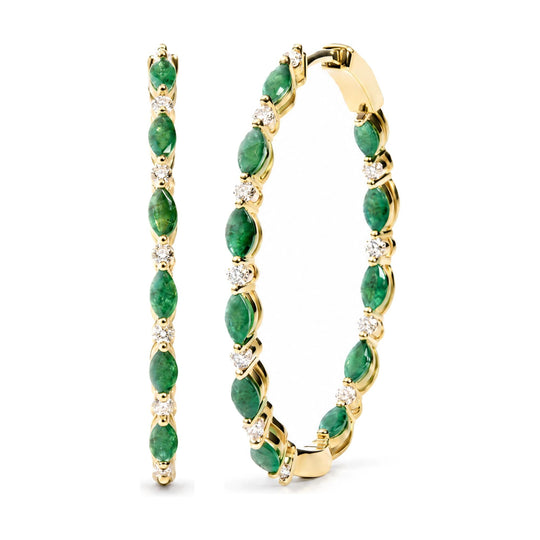 14K Yellow Gold 3/8 Cttw Diamond and Marquise Emerald Alternating Inside-Out Hoop Earrings