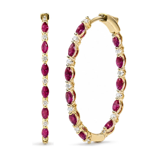 14K Yellow Gold 3/8 Cttw Diamond and Marquise Ruby Alternating Inside-Out Hoop Earrings