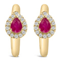 10K yellow gold huggie earrings with pear ruby and round diamond stones