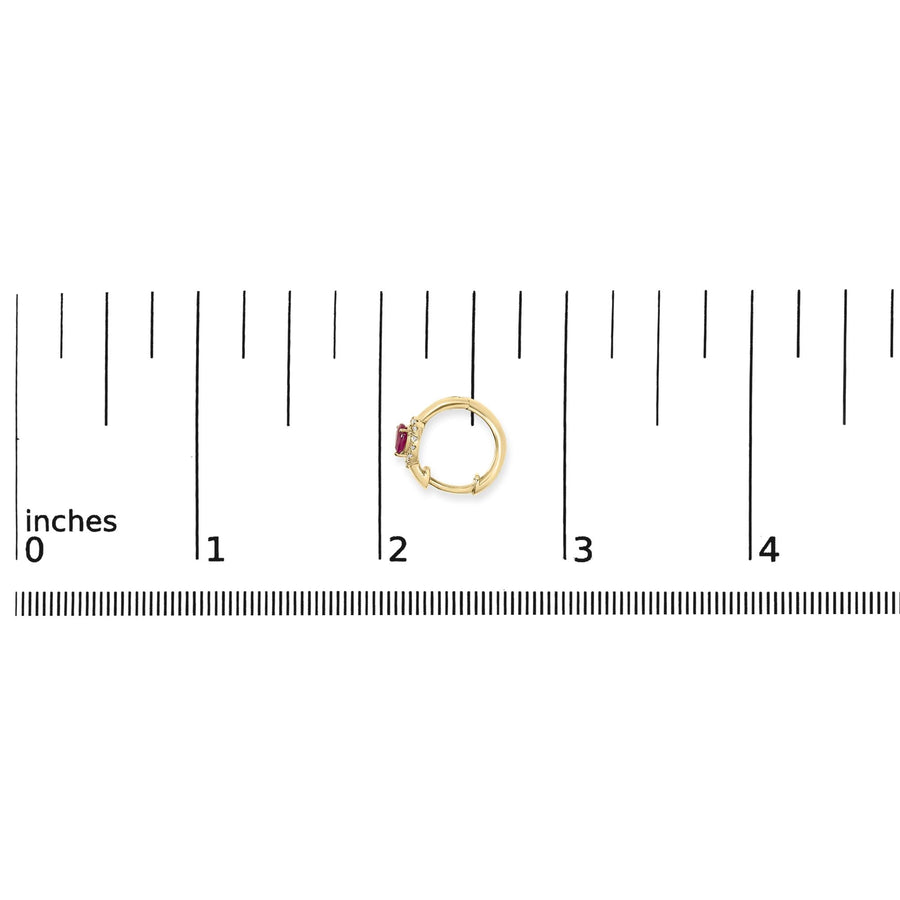 10K Yellow Gold Pear Cut Red Ruby 4x3 mm and 1/10 Cttw Round Diamond Huggy Earrings (I-J Color, I1-I2 Clarity)