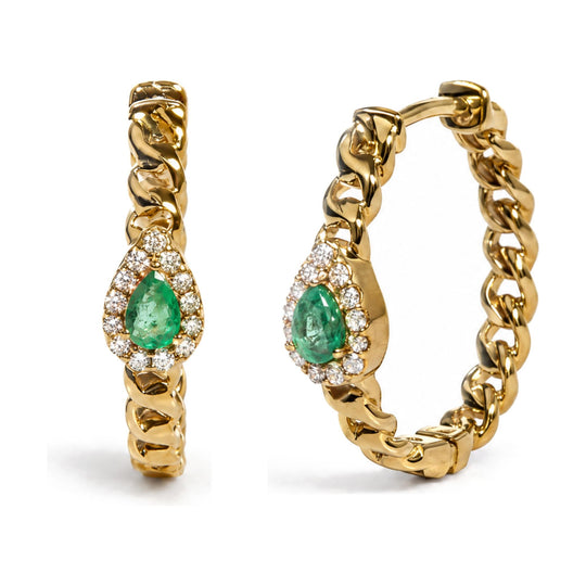 10K Yellow Gold 1/7 Cttw Diamond and Pear-Shaped Emerald Halo Cuban Link Hoop Earrings