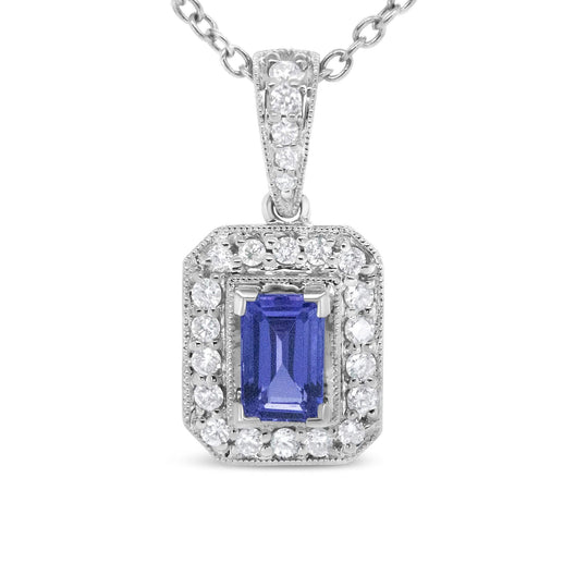 18K White Gold 1/4 Cttw Round Diamond and 6x4mm Purple Tanzanite Halo 18" Pendant Necklace (H-I Color, VS1-VS2 Clarity)-0