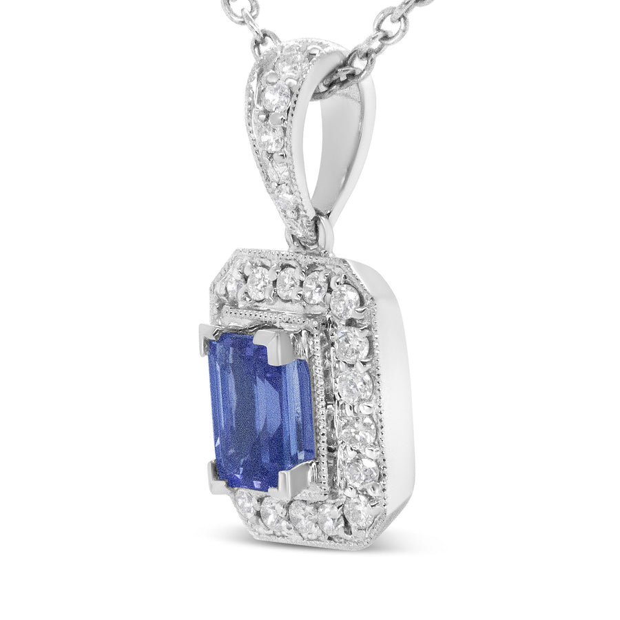 18K White Gold 1/4 Cttw Round Diamond and 6x4mm Purple Tanzanite Halo 18