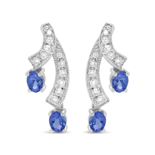 14K White Gold 4x3MM Oval Shaped Natural Blue Tanzanite Gemstone and 1/5 Cttw Diamond Double 3/4" Inch Drop Stud Earrings (H-I Color, VS1-VS2 Clarity)-0