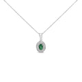 14K white gold necklace with oval green emerald and diamond halo pendant