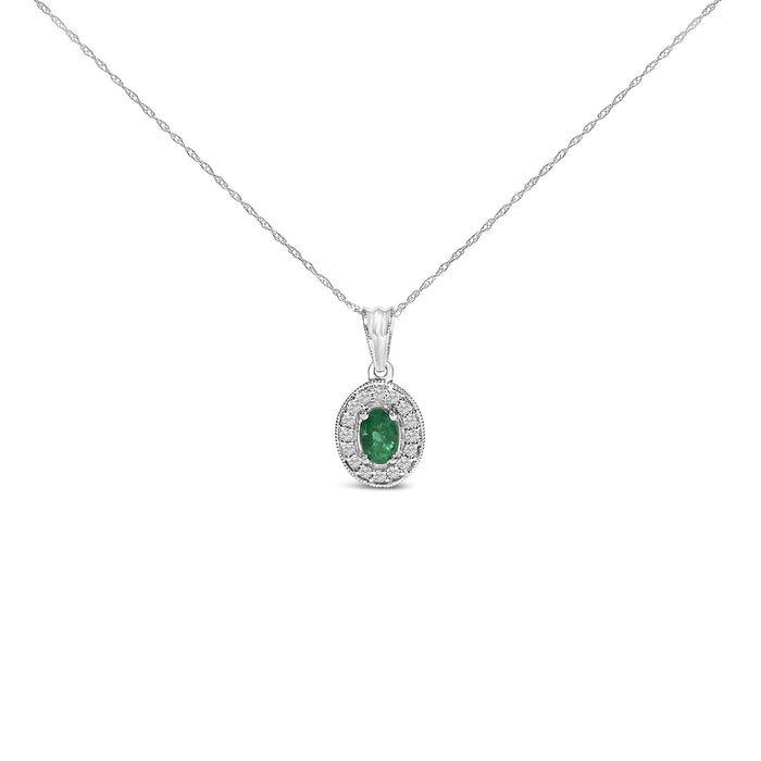 14K White Gold Oval 6x4 MM Green Emerald and Diamond Halo Pendant Necklace - 18 inch
