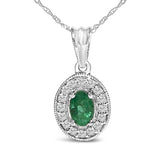 14K White Gold Oval 6x4 MM Green Emerald and Diamond Halo Pendant Necklace - 18 inch-1 thumbnail 2