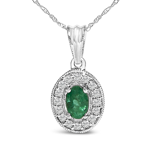14K White Gold Oval 6x4 MM Green Emerald and Diamond Halo Pendant Necklace - 18 inch
