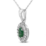 14K White Gold Oval 6x4 MM Green Emerald and Diamond Halo Pendant Necklace - 18 inch-3 thumbnail 4