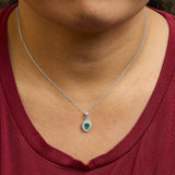 14K White Gold Oval 6x4 MM Green Emerald and Diamond Halo Pendant Necklace - 18 inch-2 thumbnail 3