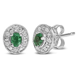 14K White Gold Oval Green Emerald and 1/10 Cttw Diamond Halo Stud Earrings  (I-J Color, I1-I2 Clarity)-1 thumbnail 2
