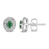 14K White Gold Oval Green Emerald and 1/10 Cttw Diamond Halo Stud Earrings  (I-J Color, I1-I2 Clarity)-3 thumbnail 4