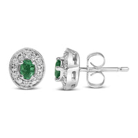 14K White Gold Oval Green Emerald and 1/10 Cttw Diamond Halo Stud Earrings  (I-J Color, I1-I2 Clarity)