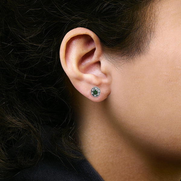14K White Gold Oval Green Emerald and 1/10 Cttw Diamond Halo Stud Earrings  (I-J Color, I1-I2 Clarity)