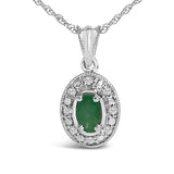 14K White Gold Oval Green Emerald and Diamond Halo Pendant Necklace - 18